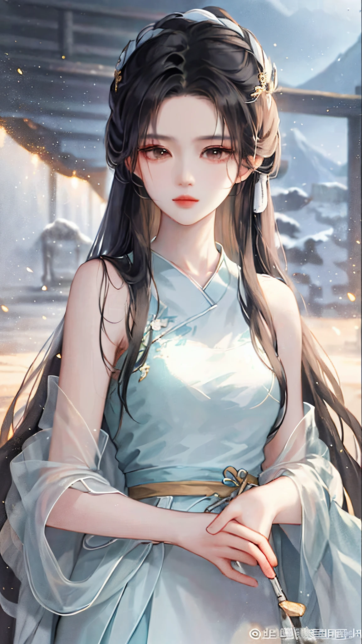 heroes'A masterpiece in the style of ancient Wei Zi,Close-up of a woman with black hair,mistic,Antique rhyme,Exquisite epic character art,Presenting stunning aesthetics and antique atmosphere,The delicate brushstrokes and depth of field in the picture make you immersed in the scene,Fan Qiwu quasi-world can be regarded as the beauty of mountains and rivers,Liu Yifei,