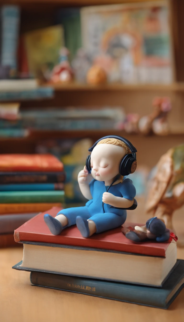 Baby reading with headphones on,Immerse yourself in a pile of old books. It lay lazily on the wooden counter next to it.