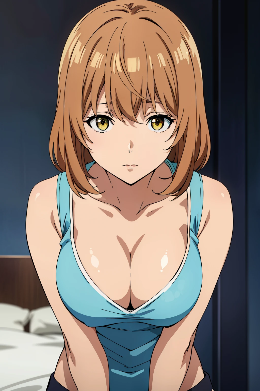 (Best Quality, masutepiece, High resolution, anime screen cap, anime colours), Brown hair, Yellow eyes, Yuriko Aoki, Embarrassed look:1.3, (large breasts with drooping:1.8, cleavage), (Thin fabric, white tank top:1.8, no-bra:1.5, Wide open chest), Slimed, Lower your arms, squeezing breasts:1.5, Leaning forward, Upper body, Close-up on the chest, Bedrooms, (Perfect Anatomy, perfect detailed body, Eyes and hair in beautiful detail, Beautiful breasts and skin),