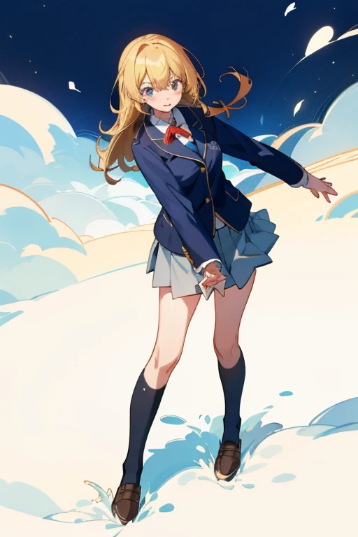 (8K、top-quality、top-quality、​masterpiece、ighly detailed: 1.2)、女の子 1 人、The whole of the body、full body drawing、femele、I'm looking cold、at noon、Winters、 frontage、blonde  hair、a blond、he is wearing a blazer、Winding muffler、hands on the muffler、in school uniform、Pupils、Breasts are big、Coming to school、midwinter