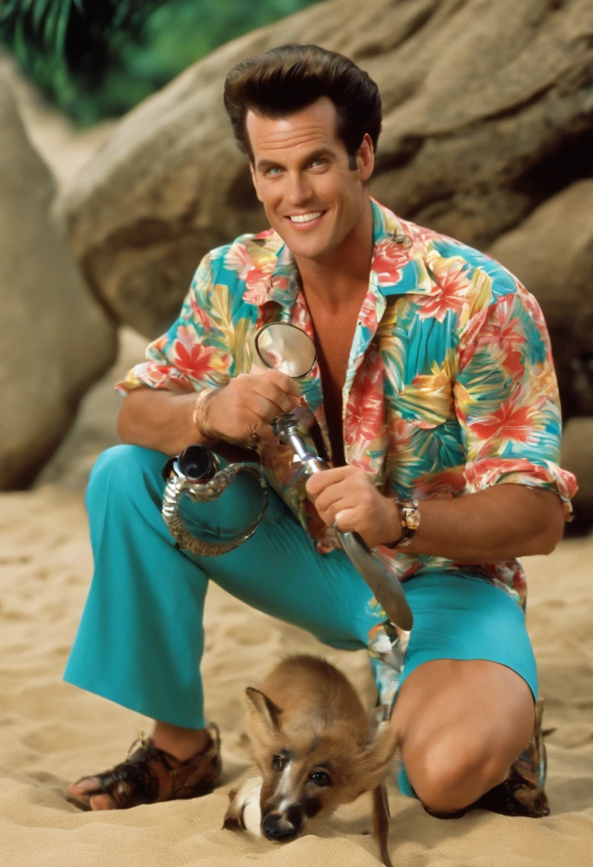 A photo of Ace Ventura dressed in a Hawaiian shirt and loud, patterned shorts, holding a giant magnifying glass while examining a mysterious animal track in the sand,Ace Ventura: Pet Detective,Appearance-wise, Ace Ventura is instantly recognizable by his wild, styled hair and colorful Hawaiian shirts, often paired with striped trousers and heavy boots. His expressive facial features, highlighted by his wide grin and animated gestures, add to his quirky persona. Overall, Ventura’s appearance and mannerisms are as unconventional and distinctive as his detective methods., male