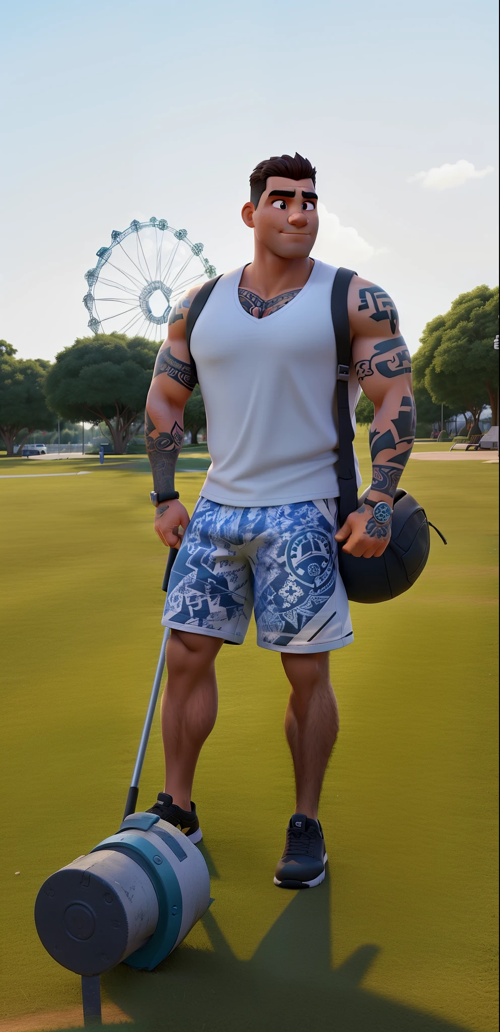 A strong man with a tattoo on his arm, iluminado pela luz do sol, contra o plano de fundo de um parque