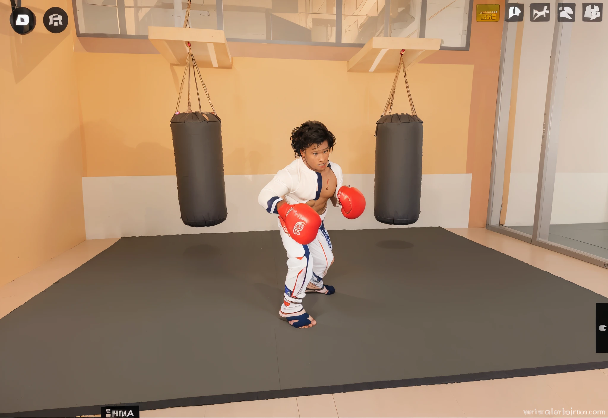 cambodian,tan brown skin,shirtless,white hand wrap,navy blue boxing shorts,no belt,barefoot,red twisted armbands,random boxing pose,all white background,centered,vector,logo,(best quality:1.2),ultra-detailed,realistic,portrait,vivid colors,strong lighting