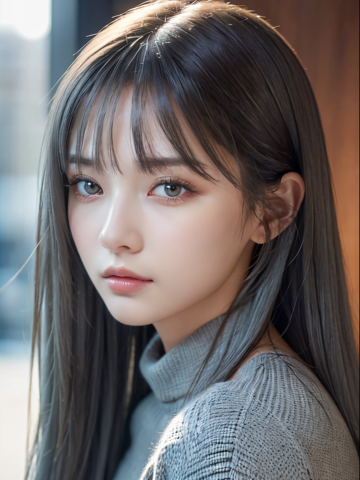 (masuter piece:1.3)、(8K、Photorealsitic、Raw photography、top-quality: 1.4)、(1girl in)、美丽的面容、(Lifelike face)、(Gray hair:1.5)、(Medium Hair)、Beautiful hairstyle、(One eye is hidden by bangs:1.5)、realisticeyes、Beautiful details、(real looking skin)、Beautiful skins、(Black sweater)、absurderes、enticing、超A high resolution、A hyper-realistic、high-detail、the golden ratio