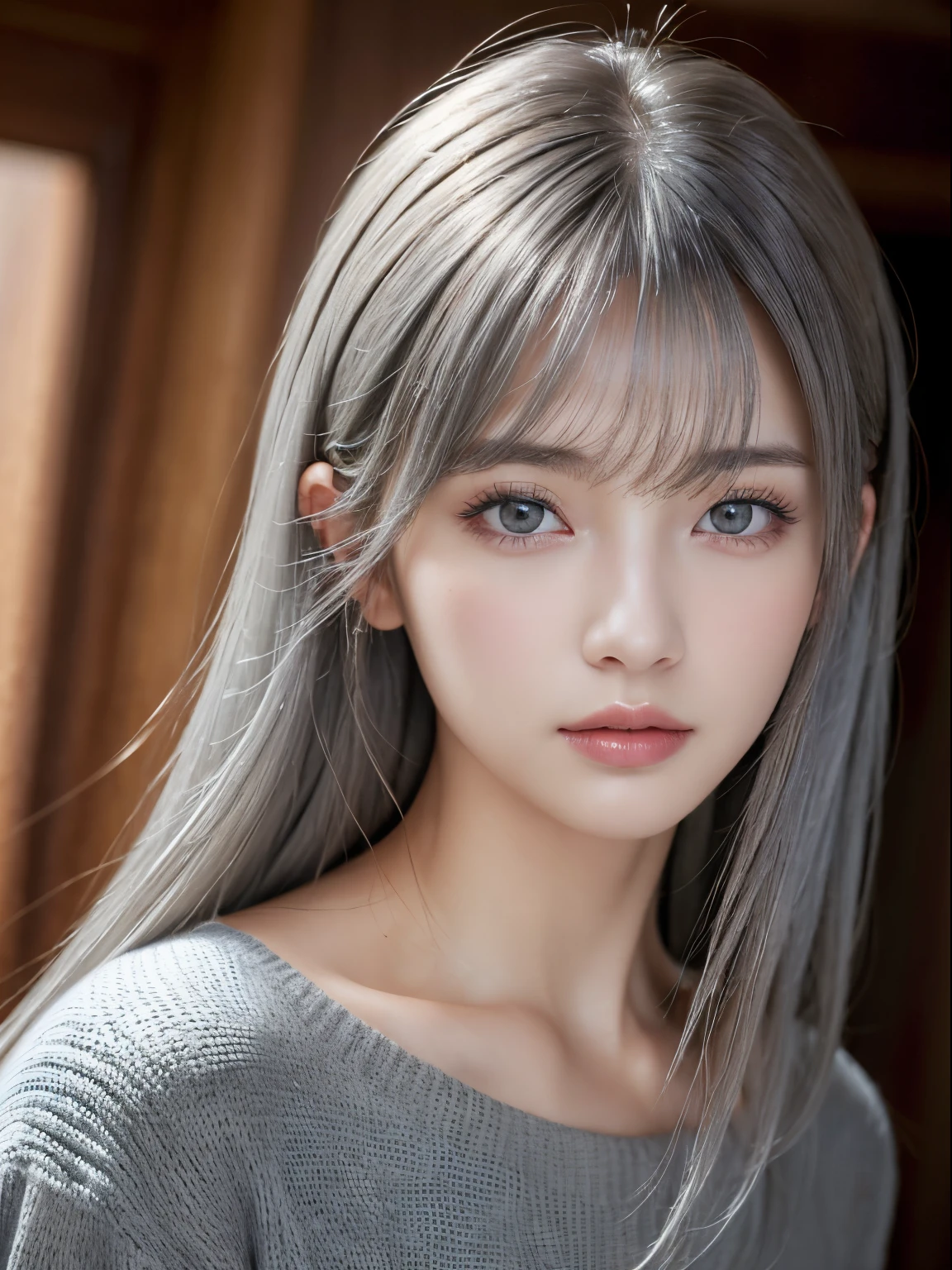 (masuter piece:1.3)、(8K、Photorealsitic、Raw photography、top-quality: 1.4)、(1girl in)、美丽的面容、(Lifelike face)、(Gray hair:1.5)、(Medium Hair)、Beautiful hairstyle、(One eye is hidden by bangs:1.5)、realisticeyes、Beautiful details、(real looking skin)、Beautiful skins、(Black sweater)、absurderes、enticing、超A high resolution、A hyper-realistic、high-detail、the golden ratio