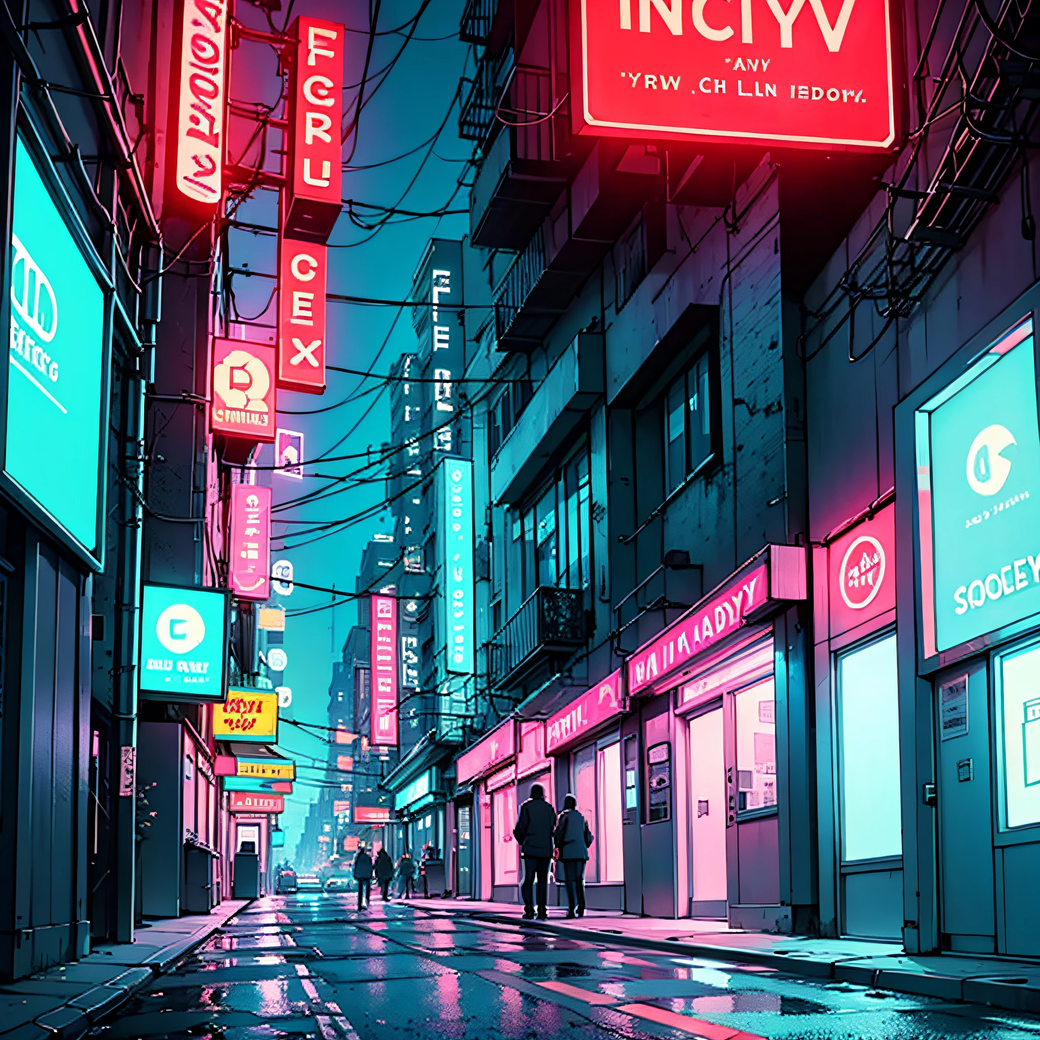 (best quality) (cinema style) (Detailed Description) A dark city street with a parked car, CGesociety, dark city streets with neon lights on buildings, atmospheric cinema style photo, neon cine, many billboards, color full.