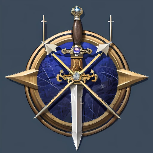 (BG3 class icon), (high quality), (best quality), (masterpiece), dnd, (sword), (arrows), blue circle