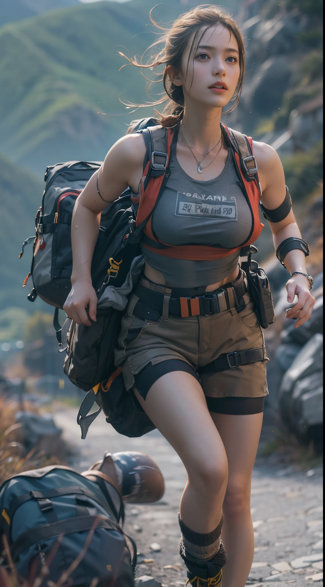 8k, top-quality, (pubic hair beauty)、hight resolution, 逼真, realperson, A beautiful, muscular woman carries a large amount of luggage on her back with special equipment as a job on a beautiful mountain road in the Alps.、((I'm desperately rushing and running as fast as I can))、Hurry、((Fleeing))、He wears tight shorts and a T-shirt that is so short that his stomach is exposed.、huge tit、A lot of sweat in the cleavage、Death Stranding