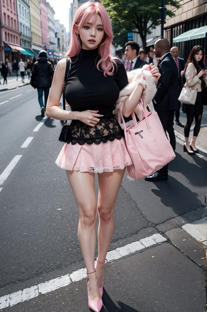 sexy woman, big breasts, slim, pink hair, long legs, full body, you can see her feet, pink heels, lifting her skirt, on the street, view of pink panties with black lace, with many people watching, embarrassed