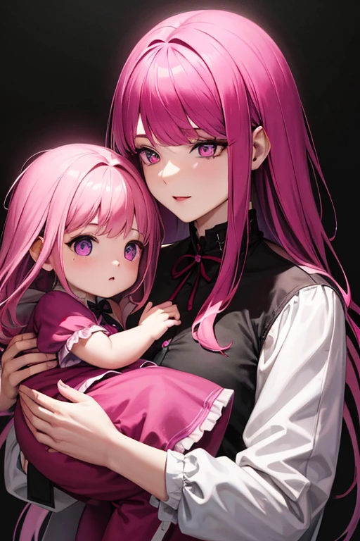 a whited haired man with ruby eyes and a pink haired woman with violet eyes is holding pink haired baby twins for a portrait in gothic clothing