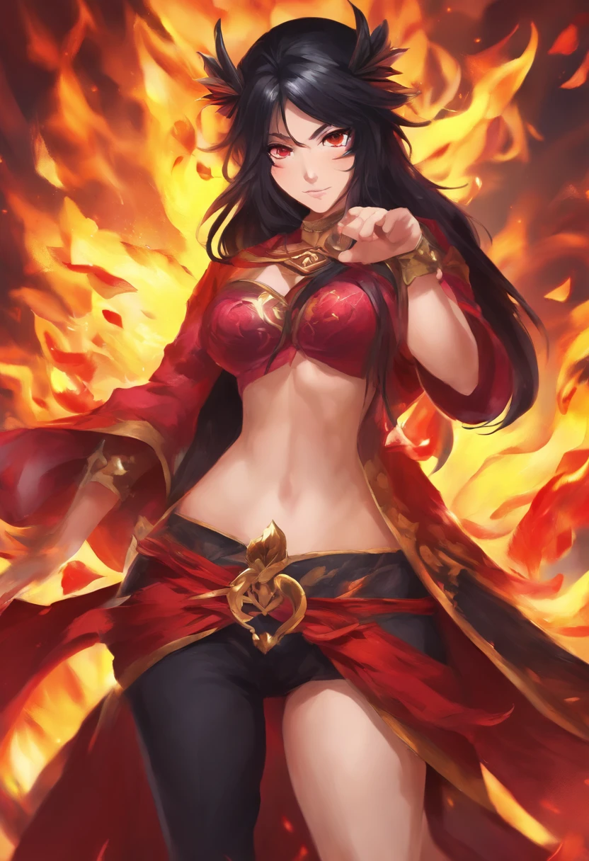 navarre, tall anime arab girl，black hair ponytail, yellow-eyed, And red top and black pants, tall, kinetic, strong, fit body, musculous, firey!! full bodyesbian, appears as the fire goddess, the fire goddess, nico robin, fiery fire goddess, she has fire powers, black-haired mage, ahri, Her hair was on fire, style artgerm, short full body portrait!, the butterfly goddess of fire, Elf Girl, god girl, super power girl, theelementoffire, Martial artist, chicago street