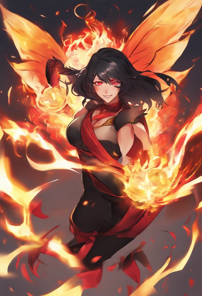 navarre, tall anime arab girl，black hair ponytail, yellow-eyed, And red top and black pants, tall, kinetic, strong, fit body, musculous, firey!! full bodyesbian, appears as the fire goddess, the fire goddess, nico robin, fiery fire goddess, she has fire powers, black-haired mage, ahri, Her hair was on fire, style artgerm, short full body portrait!, the butterfly goddess of fire, Elf Girl, god girl, super power girl, theelementoffire, Martial artist, chicago street