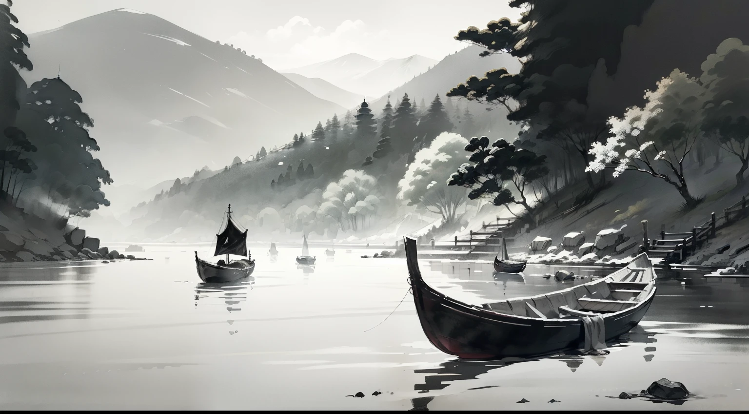 Black and white Chinese ink painting，water ink，ink，Smudge，Lonely boats，Fishing alone in the cold river snow，Ancient Burmese poetry