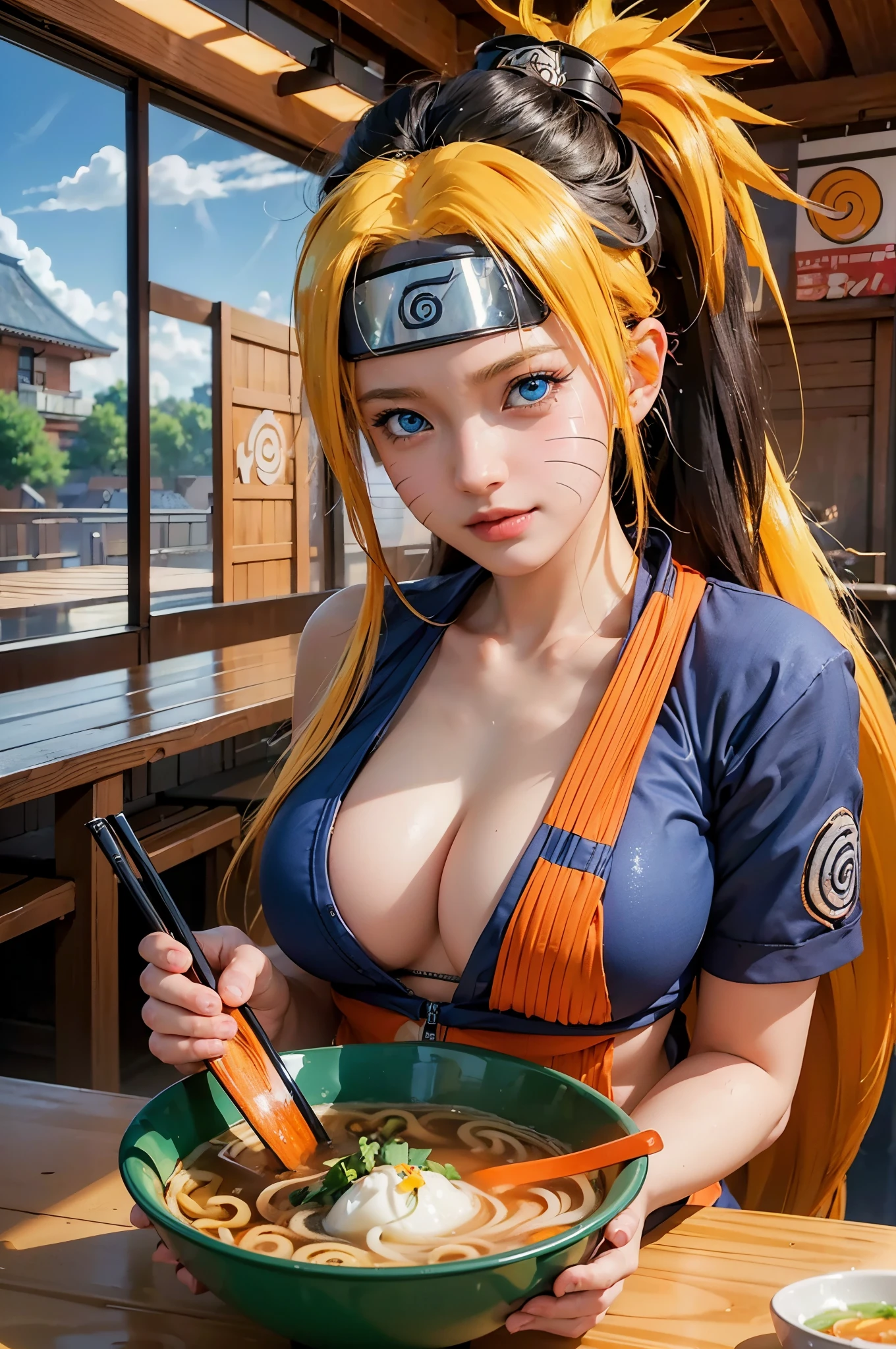 generate Naruto from naruto anime, best quality, masterpiece, 1girl, smile, (solo:1.1), raytracing, ultra detailed, 8k wallpaper, wide hips, tsundere face, large breast, ninja headband. (long hair:1.1),yellow hair, ((blue eyes)), looking at viewer, collarbone, orange  bikini, cleavage, female, at ramen shop, eating ramen. cat whiskers cheek, masterpiece, best quality:1.2),(8k,highres,RAW photo,realistic,photo-realistic:1.3),(detailed skin texture,detailed cloth texture,beautiful detailed face:1.25),professional lighting,photon mapping,beautiful soft light,radiosity,physically-based rendering,model shoot style, model shoot style, (extremely detailed CG unity 8k wallpaper), full shot body photo of the most beautiful artwork in the world, complex 3d render ultra detailed, looking at viewer, 18 yo, wet hair, real human skin, vibrant details, hyperrealistic, beautiful, octane render, 8k, best quality, masterpiece, an extremely delicate and beautiful, extremely detailed ,CG ,unity ,wallpaper, (realistic, photo-realistic:1.37),Amazing, finely detail, masterpiece,best quality,official art, extremely detailed CG unity 8k wallpaper ,extreme detailed eyes, (perfect face), shiny skin, colorful, highest detailed, vibrant colors, ultra high res, (high contrast), intricate, lens flare,