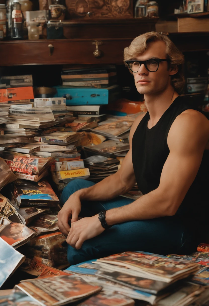 A photo of Jeff sitting in his car, surrounded by stacks of vintage horror magazines and a collection of unsettling road trip snacks.,original,Jeff is tall, broad, muscular, with blonde hair and blue eyes, aviator glasses, 1970s aesthetic. Jeffrey Dahmer, male