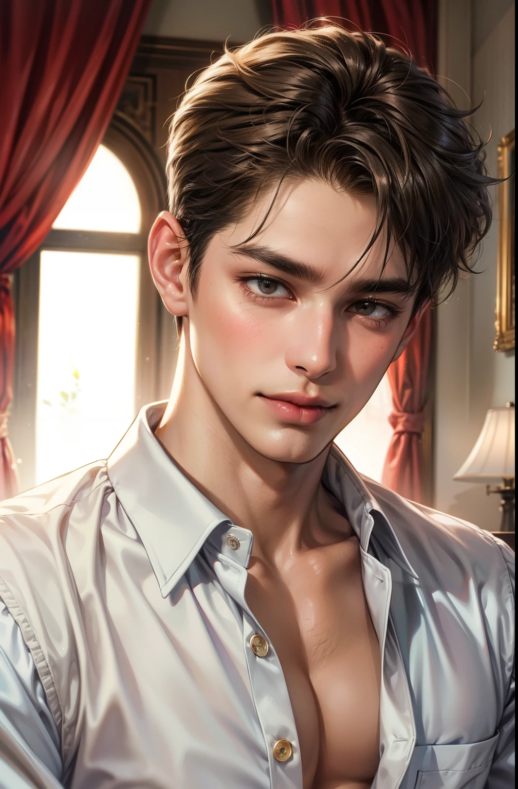 masuter piece,An ultra-high picture quality,Cute One Boy, smooth brown short hair,No person, Beautiful and accurately depicted body and face, red blush, bed in love hotel