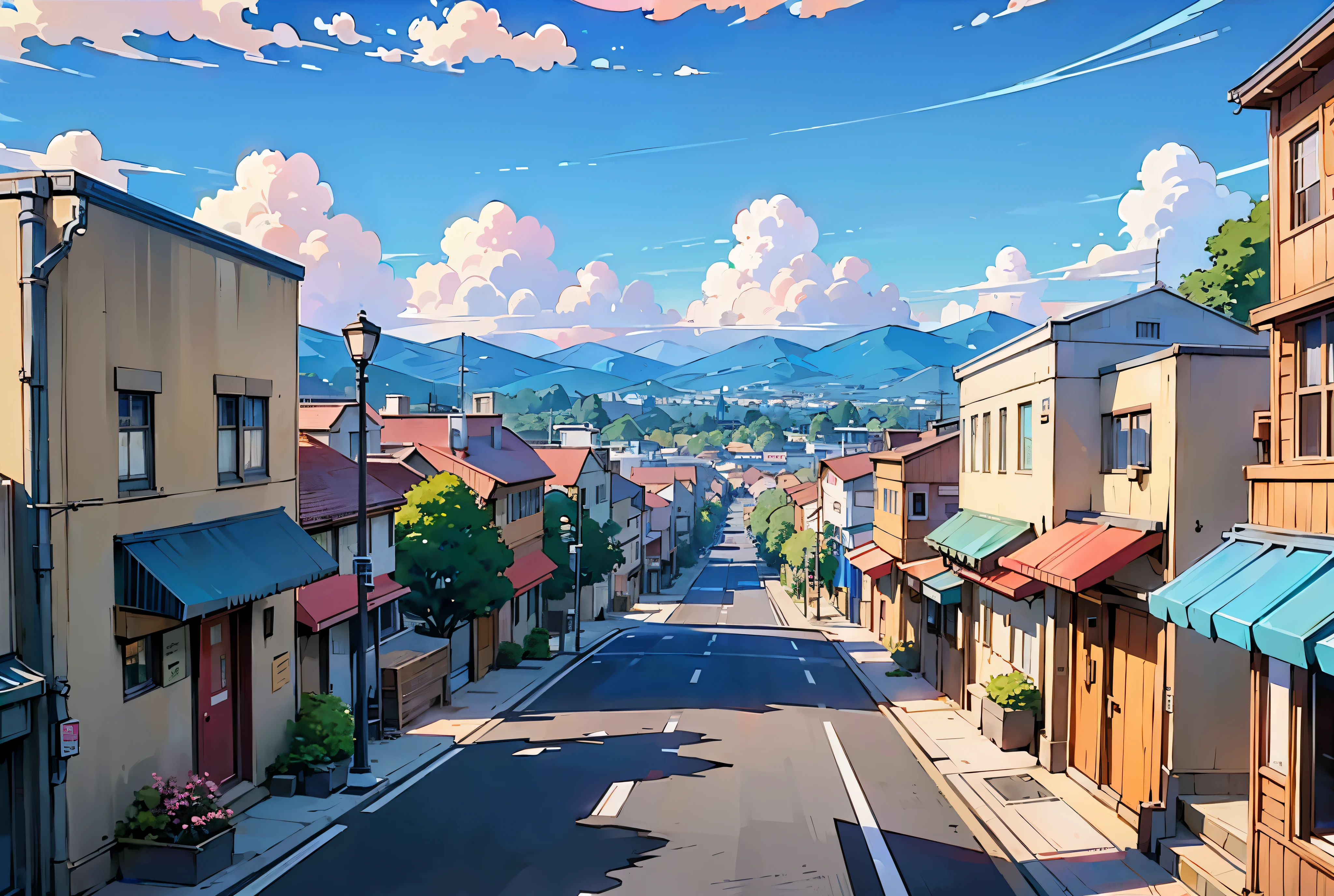 Anime-style street scene,A woman walks down the street, anime style cityscape, Anime background art, Small town background, hd anime cityscape, anime backgrounds, Anime style 4k, streets background, Downtown background, Anime landscapes, anime movie backgrounds, style of anime. 8K, Anime countryside landscape, Anime landscape concept art, Small town, Anime landscapes, beautiful anime scenery