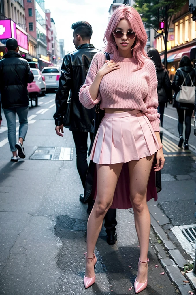 Tokyo, Shibuya, short pixie cut hair fluttering in the wind, pink hair, medium large breast, plump body figure, high definition, very short white tank top and black hotpants, camel toe. Standing on the road with spread legs.