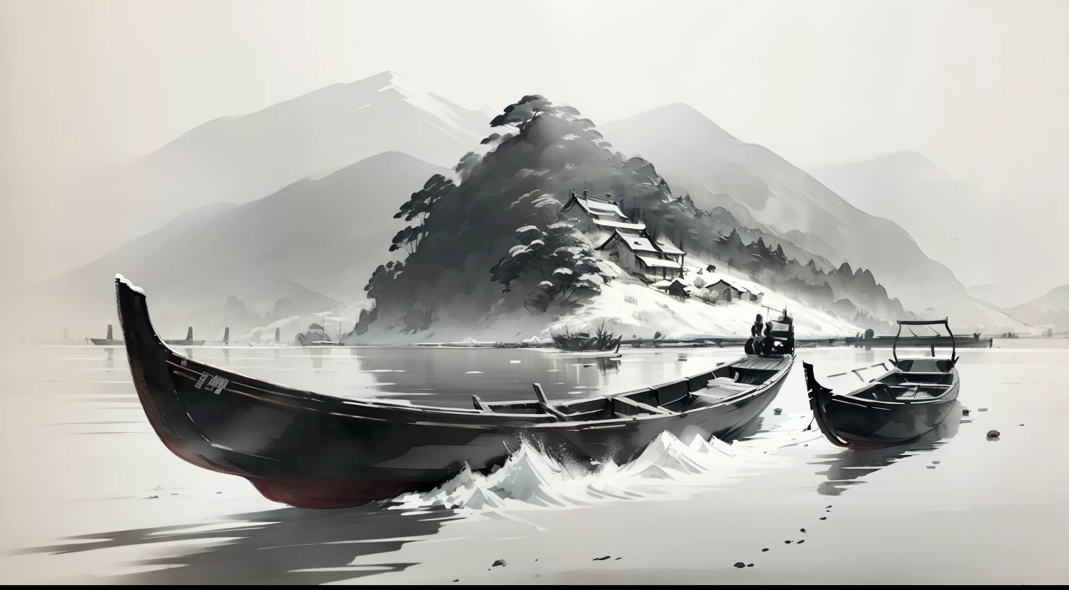 Black and white Chinese ink painting，water ink，ink，Smudge，Lonely boats，Fishing alone in the cold river snow，Ancient Burmese poetry