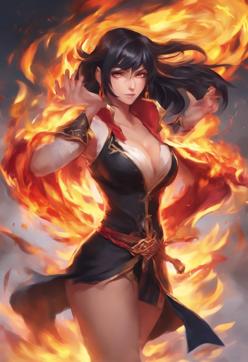 navarre, tall anime arab girl,black hair ponytail, yellow-eyed, And red top and black pants, tall, kinetic, strong, fit body, musculous, firey!! full bodyesbian, appears as the fire goddess, the fire goddess, nico robin, fiery fire goddess, she has fire powers, black-haired mage, ahri, Her hair was on fire, style artgerm, short full body portrait!, the butterfly goddess of fire, Elf Girl, god girl, super power girl, theelementoffire, Martial artist, chicago street