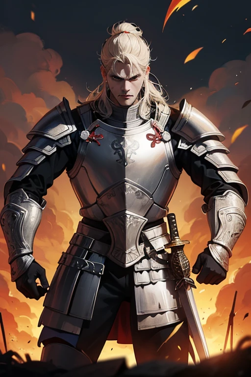 warrior in large armor with sword on his back with angry expression on his face who just came out of a bloody war