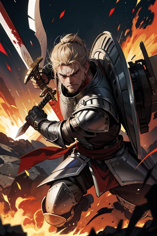 warrior in large armor with sword on his back with angry expression on his face who just came out of a bloody war