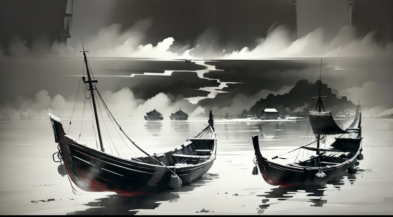 Black and white Chinese ink painting,water ink,ink,Smudge,Lonely boats,Fishing alone in the cold river snow,Ancient Burmese poetry