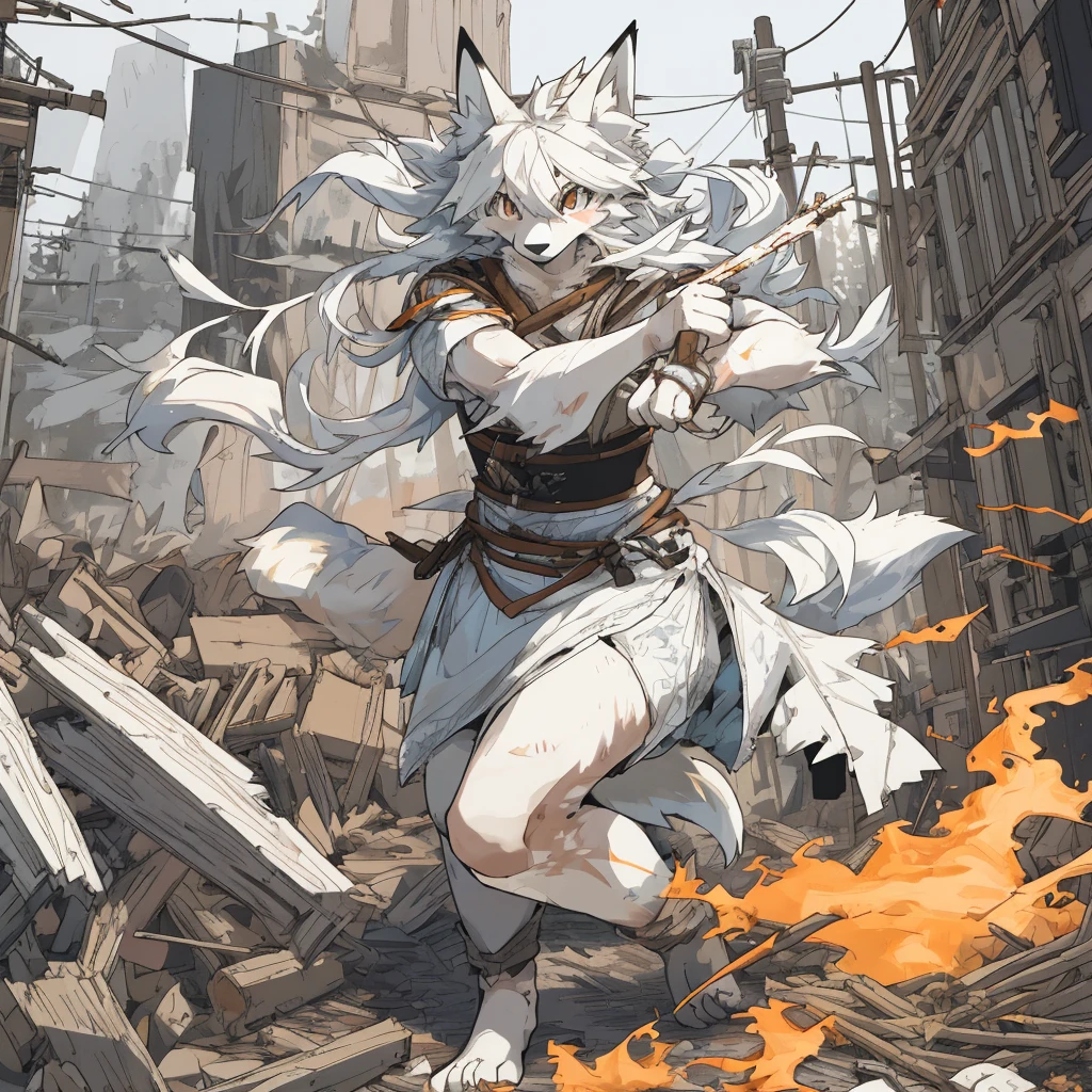 Same role(Common,furry anthro),at a forest,(Girl white humanoid fox:1.2), peacful,The environment is dark,hyper detailed illustration,the only person,