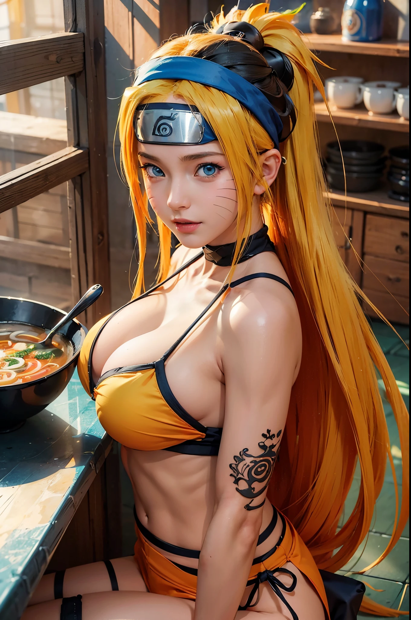 generate Naruto from naruto anime, best quality, masterpiece, 1girl, smile, (solo:1.1), raytracing, ultra detailed, 8k wallpaper, wide hips, tsundere face, large breast, ninja headband. (long hair:1.1),yellow hair, ((blue eyes)), looking at viewer, collarbone, orange  bikini, cleavage, female, at ramen shop, eating ramen. cat whiskers cheek, masterpiece, best quality:1.2),(8k,highres,RAW photo,realistic,photo-realistic:1.3),(detailed skin texture,detailed cloth texture,beautiful detailed face:1.25),professional lighting,photon mapping,beautiful soft light,radiosity,physically-based rendering,model shoot style, model shoot style, (extremely detailed CG unity 8k wallpaper), full shot body photo of the most beautiful artwork in the world, complex 3d render ultra detailed, looking at viewer, 18 yo, wet hair, real human skin, vibrant details, hyperrealistic, beautiful, octane render, 8k, best quality, masterpiece, an extremely delicate and beautiful, extremely detailed ,CG ,unity ,wallpaper, (realistic, photo-realistic:1.37),Amazing, finely detail, masterpiece,best quality,official art, extremely detailed CG unity 8k wallpaper ,extreme detailed eyes, (perfect face), shiny skin, colorful, highest detailed, vibrant colors, ultra high res, (high contrast), intricate, lens flare,