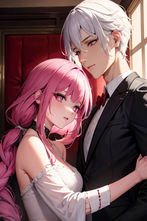 A white haired man with ruby eyes is kissing a pair of pink haired twins with ruby eyes in a crib