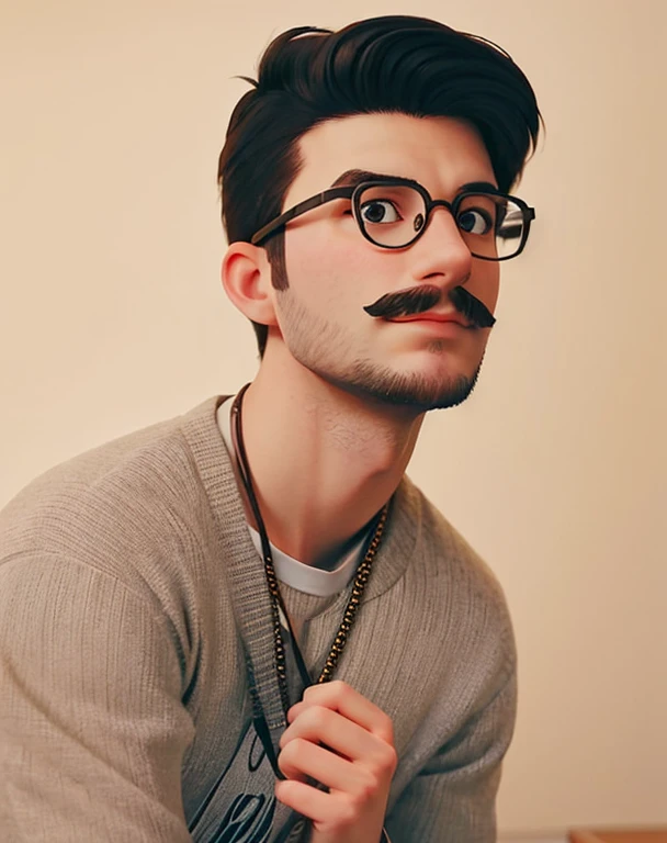 A young white man, 20 years old, wearing glasses with a well-defined low beard and mustache, in his advertising desk office wearing an brown t-shirt with the company icon of logo present on https://www.pavecomunicacao.com, vase of plant behind, disney pixar style, high quality, best quality