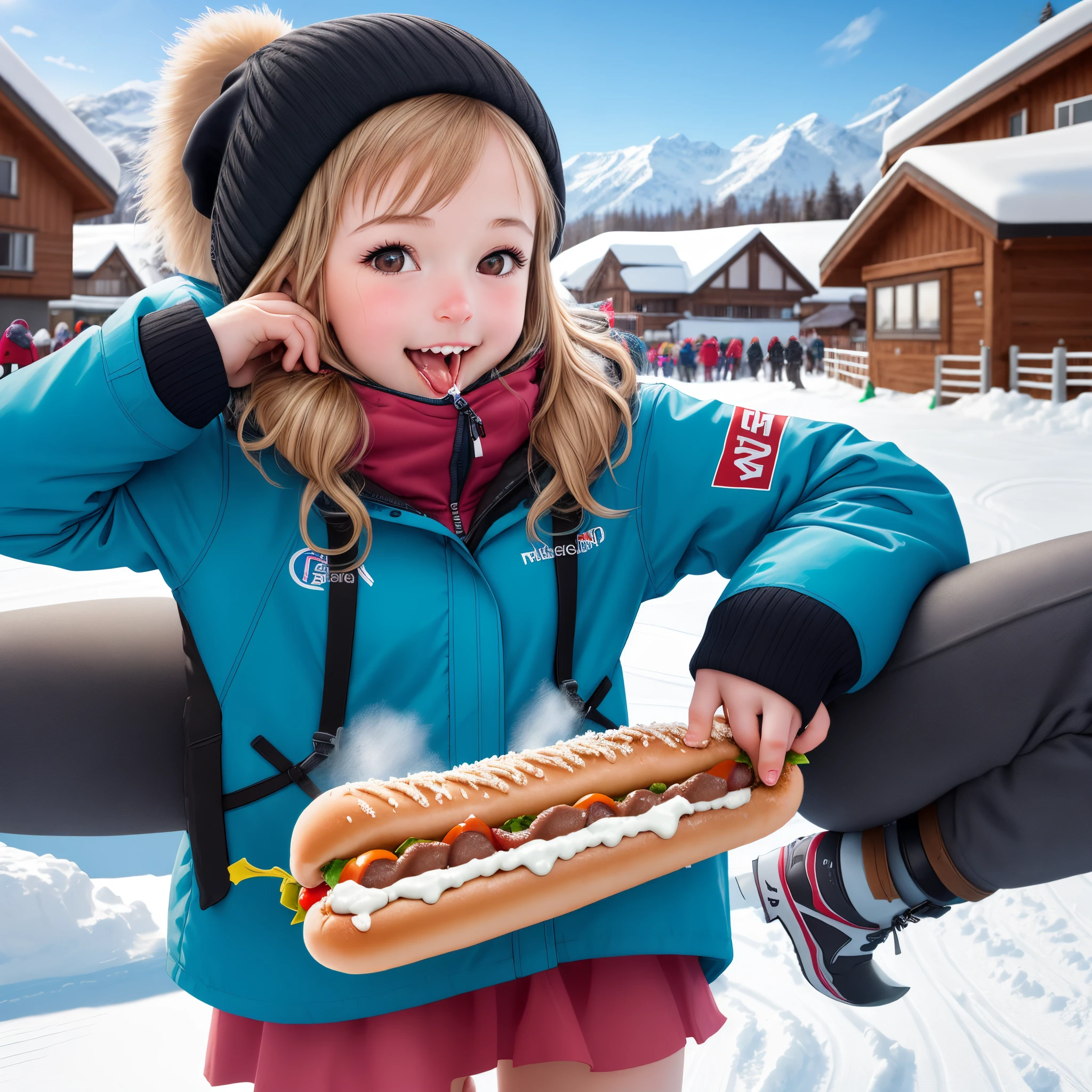 A girl at a ski resort biting a hot dog