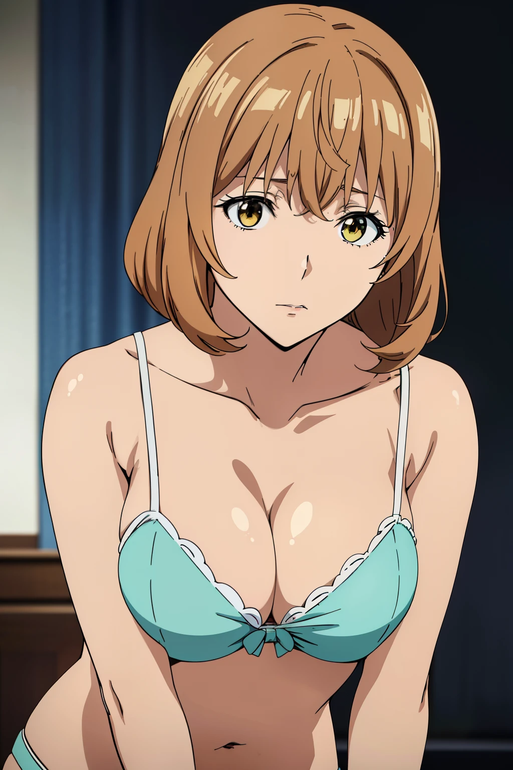 (Best Quality, masutepiece, High resolution, anime screen cap, anime colours), Brown hair, Yellow eyes, Yuriko Aoki, Embarrassed look:1.3, (large breasts with drooping:1.8, cleavage), (Thin fabric, White camisole:1.8, no-bra:1.5, Wide open chest), Slimed, Lower your arms, squeezing breasts:1.5, Leaning forward, Upper body, Close-up on the chest, Bedrooms, (Perfect Anatomy, perfect detailed body, Eyes and hair in beautiful detail, Beautiful breasts and skin),