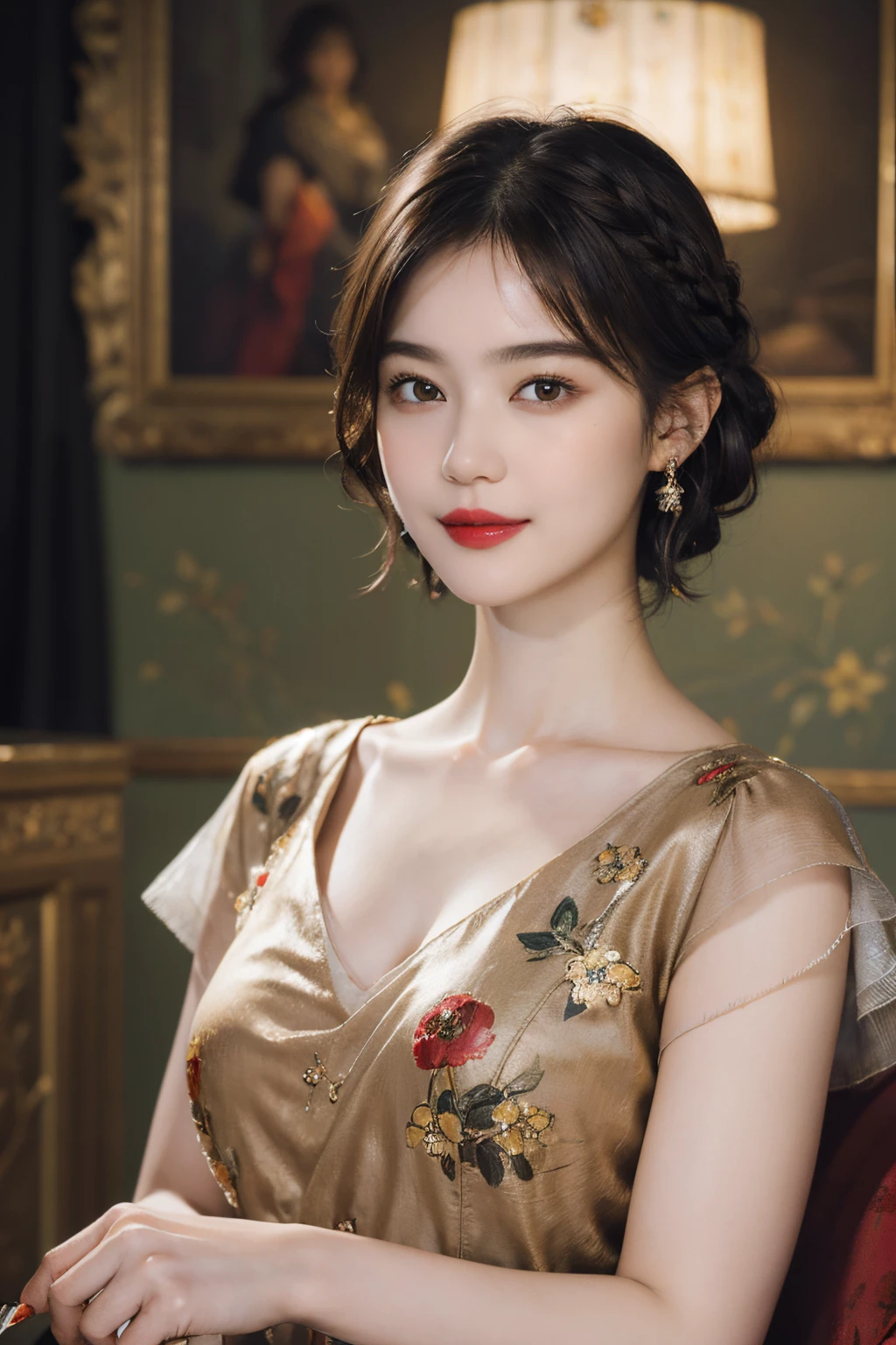 117
(a 20 yo woman,is standing), (A hyper-realistic), (high-level image quality), ((beautiful hairstyle 46)), ((short-hair)), (Gentle smile), (breasted:1.1), (lipsticks), (florals), (Light and Darkness), (rembrandt painting), (Luxurious room)