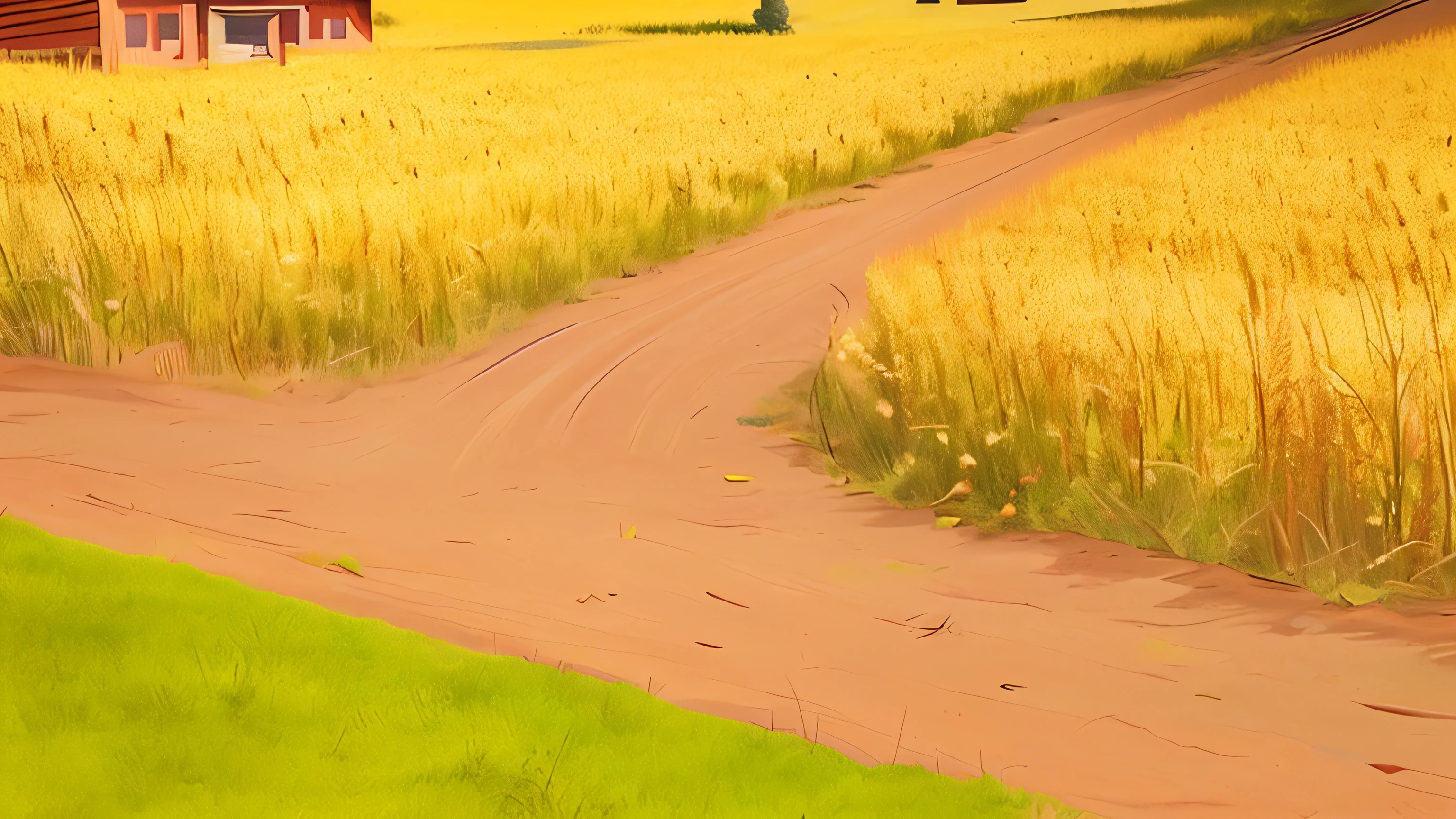 A peaceful scene of a farm in the countryside. The sun is shining brightly, and the sky is clear and blue. A field of golden wheat stretches out to the horizon, swaying gently in the breeze. A dirt road cuts through the field, leading to a red barn and a large tree. The barn has a white roof and a wooden door, and the tree has green leaves and brown branches. The scene is full of natural beauty and tranquility.