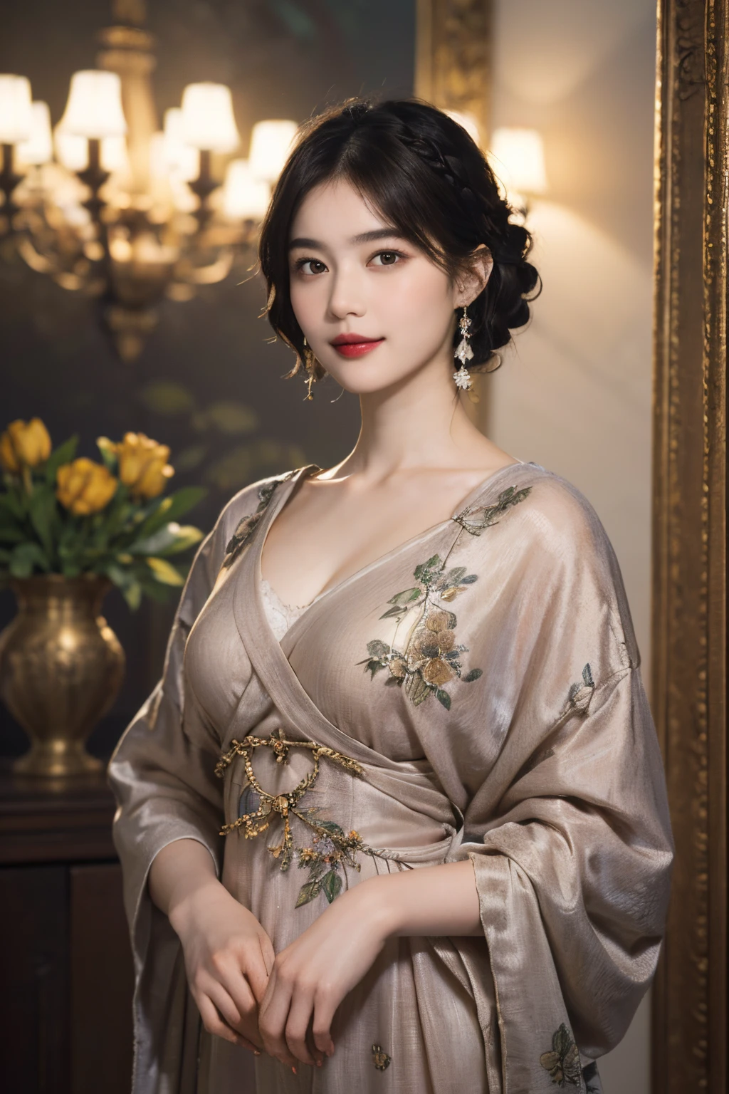 117
(a 20 yo woman,is standing), (A hyper-realistic), (high-level image quality), ((beautiful hairstyle 46)), ((short-hair)), (Gentle smile), (breasted:1.1), (lipsticks), (florals), (Light and Darkness), (rembrandt painting), (Luxurious room)