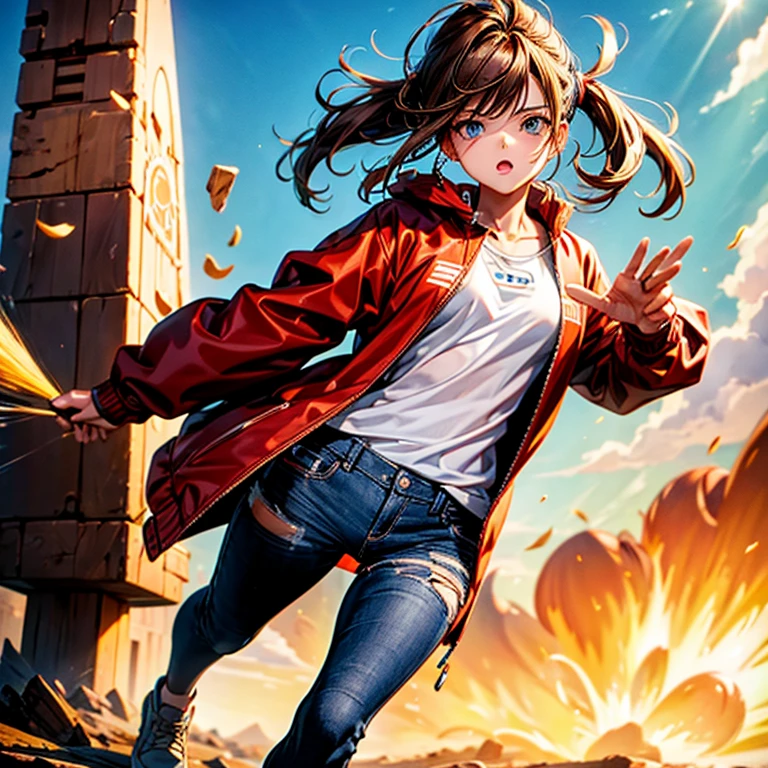 1 girl, Full body, Whole-body image, deep brown Windbreaker, deep blue short jeans, standing on a rocket, cool girl, yellow brown hair, ahoge, asymmetricalbangs, expressive hair, Medium hair, Hair flakes, spiky hair, Student does not match, Ji Liu, rape face, 8K, super detailing, hyper HD, tmasterpiece, Anatomically correct, super detailing, high high quality, Best quality