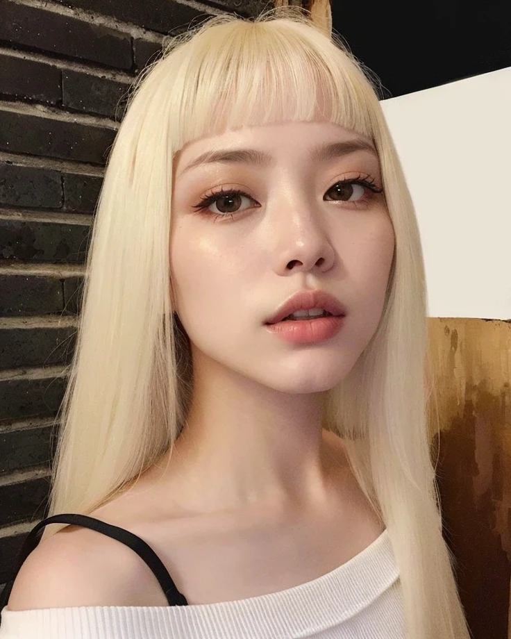 um close up de uma mulher com longos cabelos loiros e um top branco, branco hime corte penteado, cabelo whitebangs cabelo, franja branca, longos cabelos brancos e franja, O corte Hime, extremely pale blond hair, Dom Yunjoo, com franja completa.