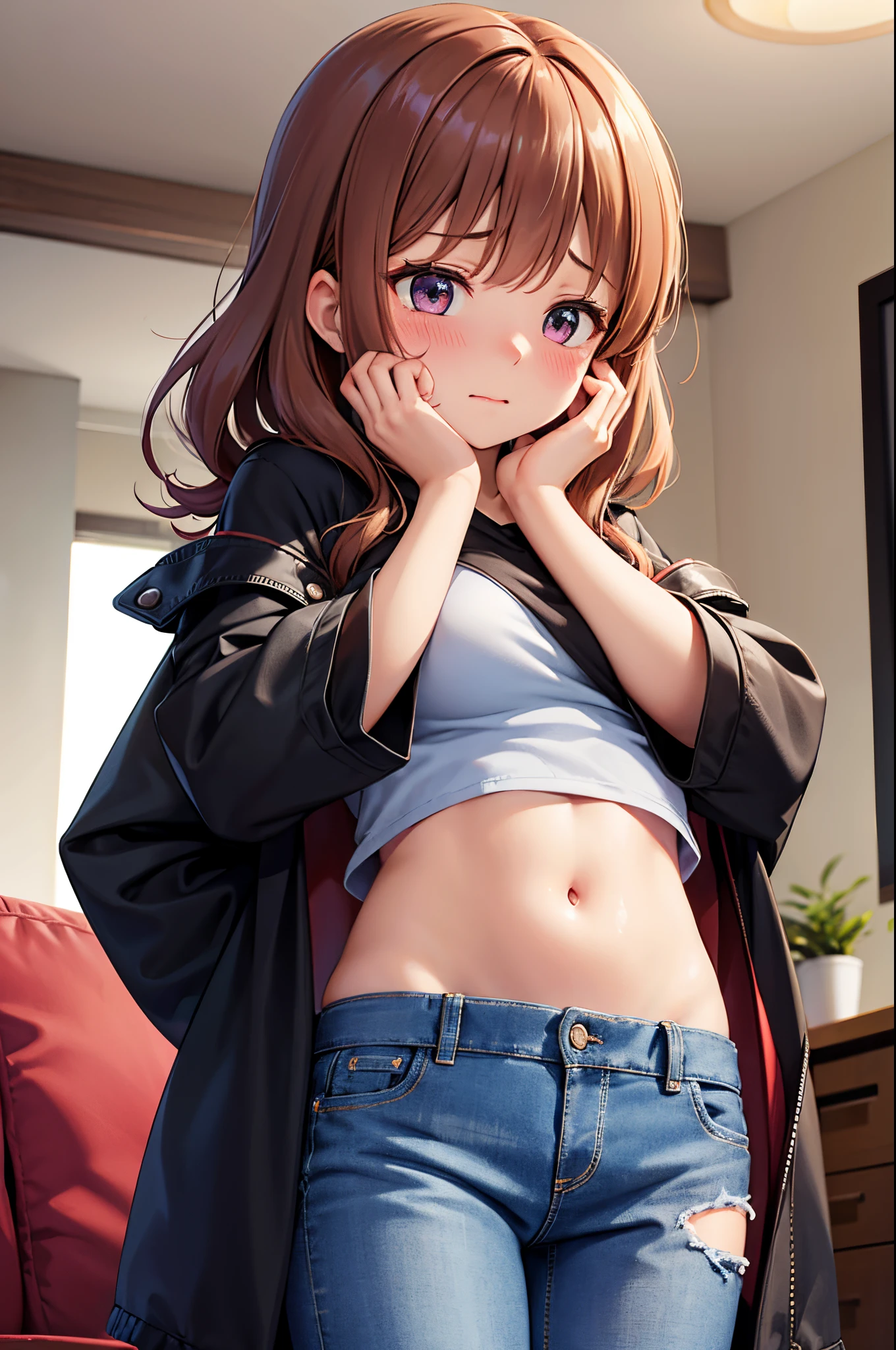 chiffon long jacket, crop top, 1 girl, solo, medium breasts, sarong, tummy, looking down, living room, open, jeans,, blush, embarrassed, afraid, hands on own face