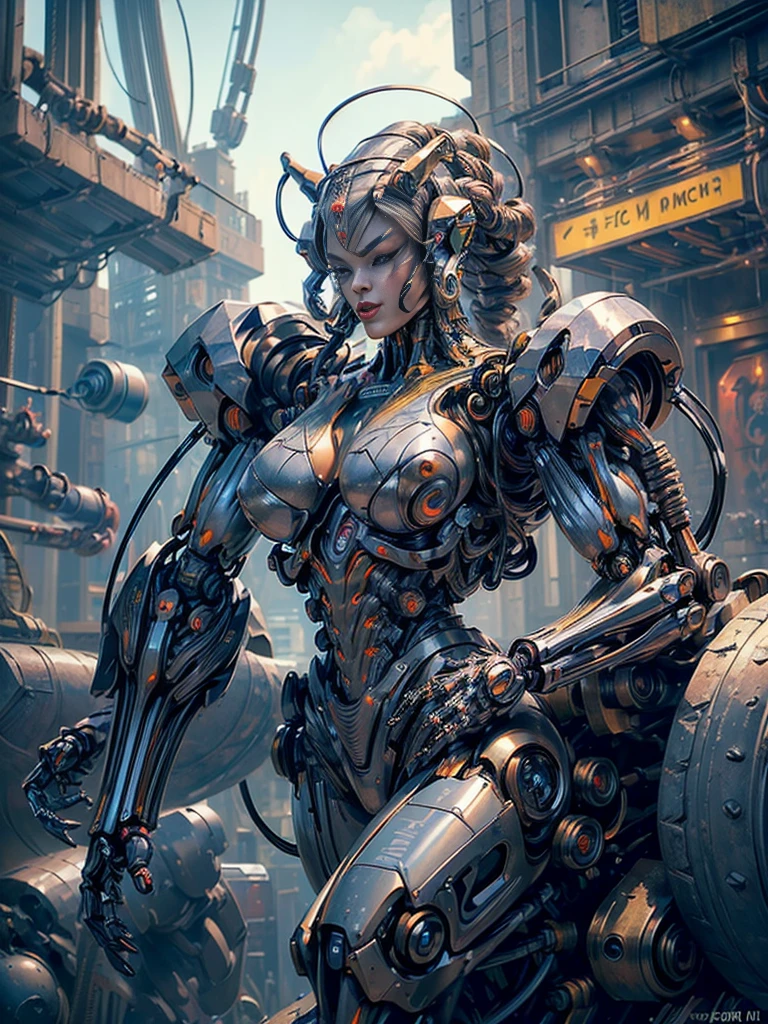 (beautiful cyborg queen:1.5), (robotic mechanical physique:1.5), (1 super muscular cyborg demoness:1.5), (covered in cables and mechanical muscles:1.5), (android muscular anatomy:1.5), (perfect fingers:1.25),(8k, RAW photo, photorealistic:1.25), sci fi atmosphere, futuristic technopia, alien landscape,