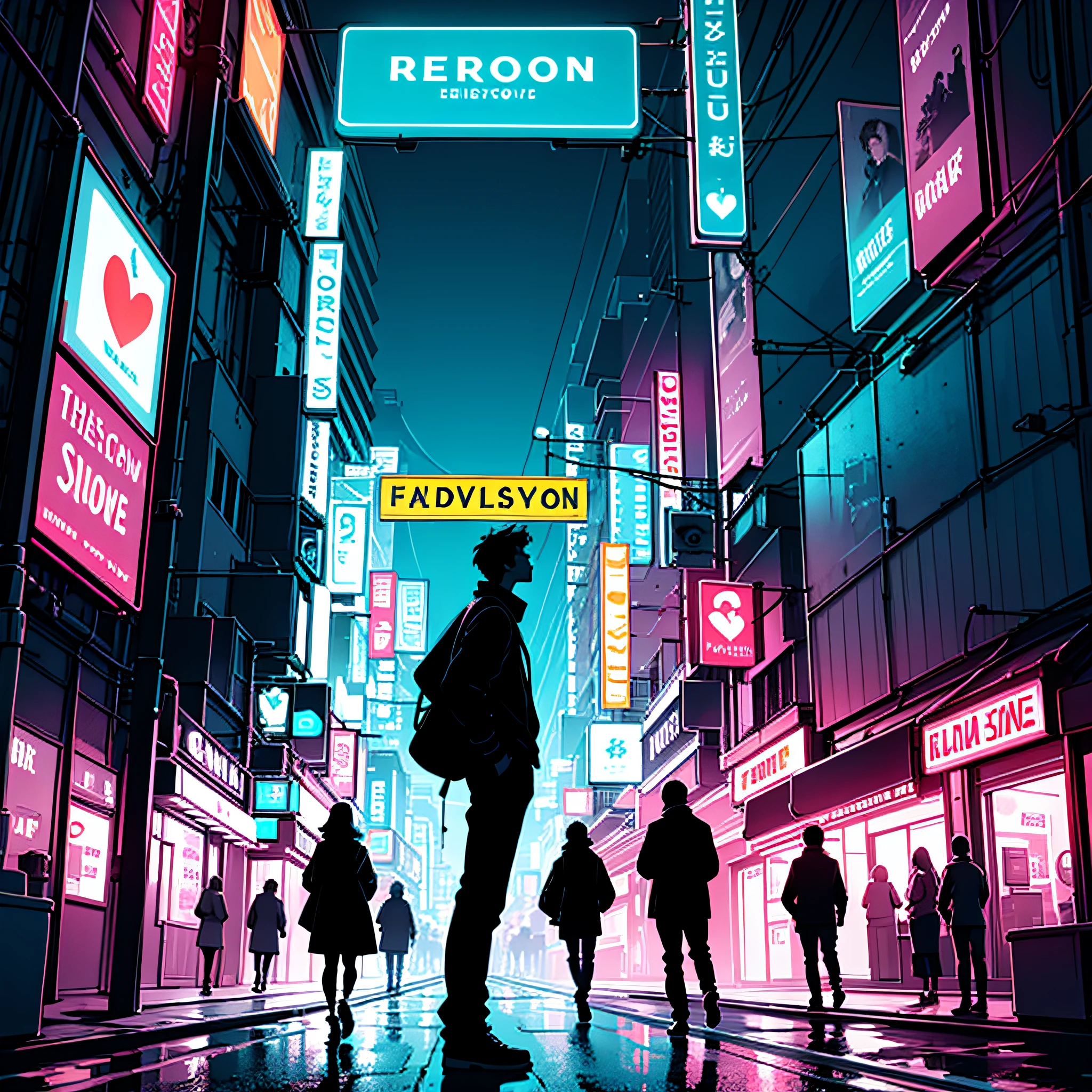 design a poster of a large vinyl disc, above the disc is a heart shape, a silhouette of a person standing watching someone leave, night scene, neon lights, retro.