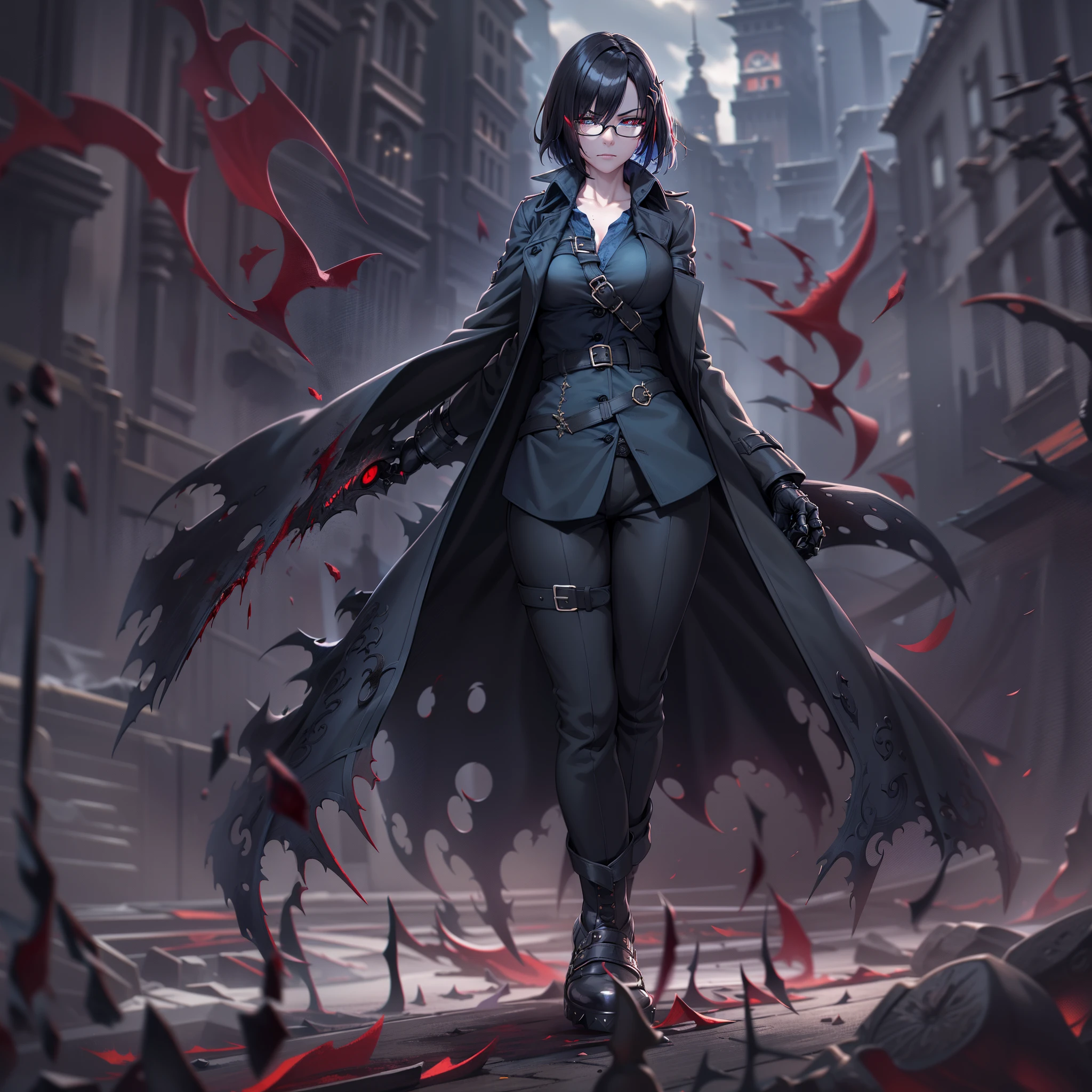 (High resolution, best quality, masterpiece) detail, intricate detail, realism, 1female, ((solo_focused)), single, one woman, physically fit, curvy, pale skin, vampire, fierce expression, dark eyes, (detailed eyes), red_rimmed eyes, sharpened fangs, black hair, short hair, full body, ((detailed hands)), ((pointed fingers)), medium breast, beautiful, mature, dark aura surrounding her, malevolent energy, (topwear:(((shirt:black, trench_coat:black)), handwear:((gauntlets), bottomwear:(pants:blue))), blood dripping, glasses, dark tinted glasses, grinning, cocky expression, menacing, blood spatter, gore, haunted expression