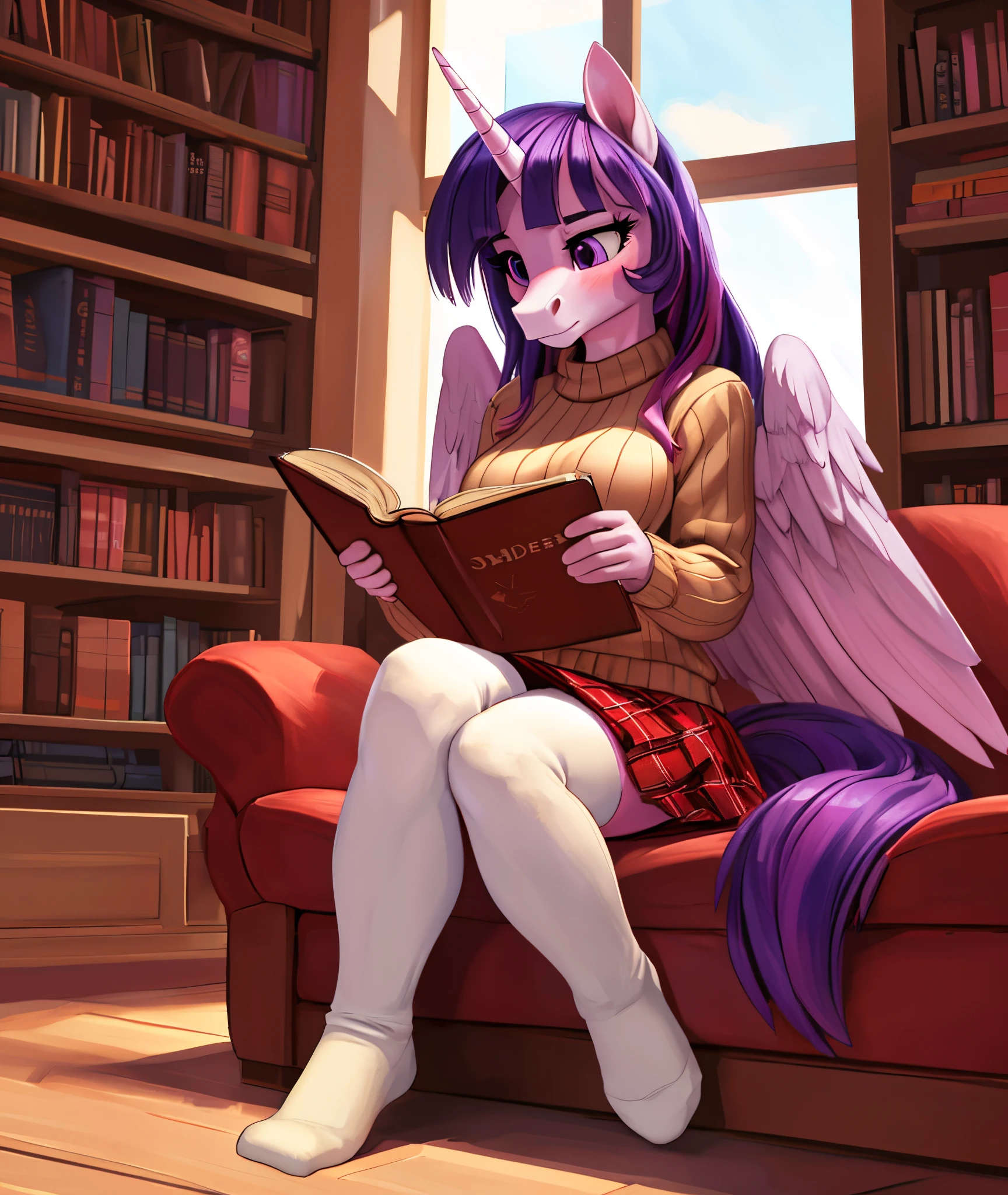 [twilight sparkle], [Uploaded to e621.net; (Pixelsketcher), (mayosplash), (wamudraws)], [uploaded to twitter.com; (@senip)], ((masterpiece)), ((HD)), ((solo portrait)), ((full body)), ((front view)), ((feet visible)), ((furry; anthro horse)), ((detailed fur)), ((detailed shading)), ((beautiful render art)), {anthro female; (slim figure), light-purple fur, horse snout, (long purple hair pink highlights), (long purple tail pink highlights), (light-purple unicorn horn), (light-purple pegasus wings), (long eyelashes), (cute purple eyes), (half-closed eyes), (small boobs), (gorgeous hips), (beautiful legs), (blushing), (expressionless)}, {(beige sweater), (red plaid skirt), (white socks)}, {(sitting on couch), (reading book), (legs crossed), (looking down)}, [background; (library), (bookshelves), (window), (blue sky), (sun rays)]