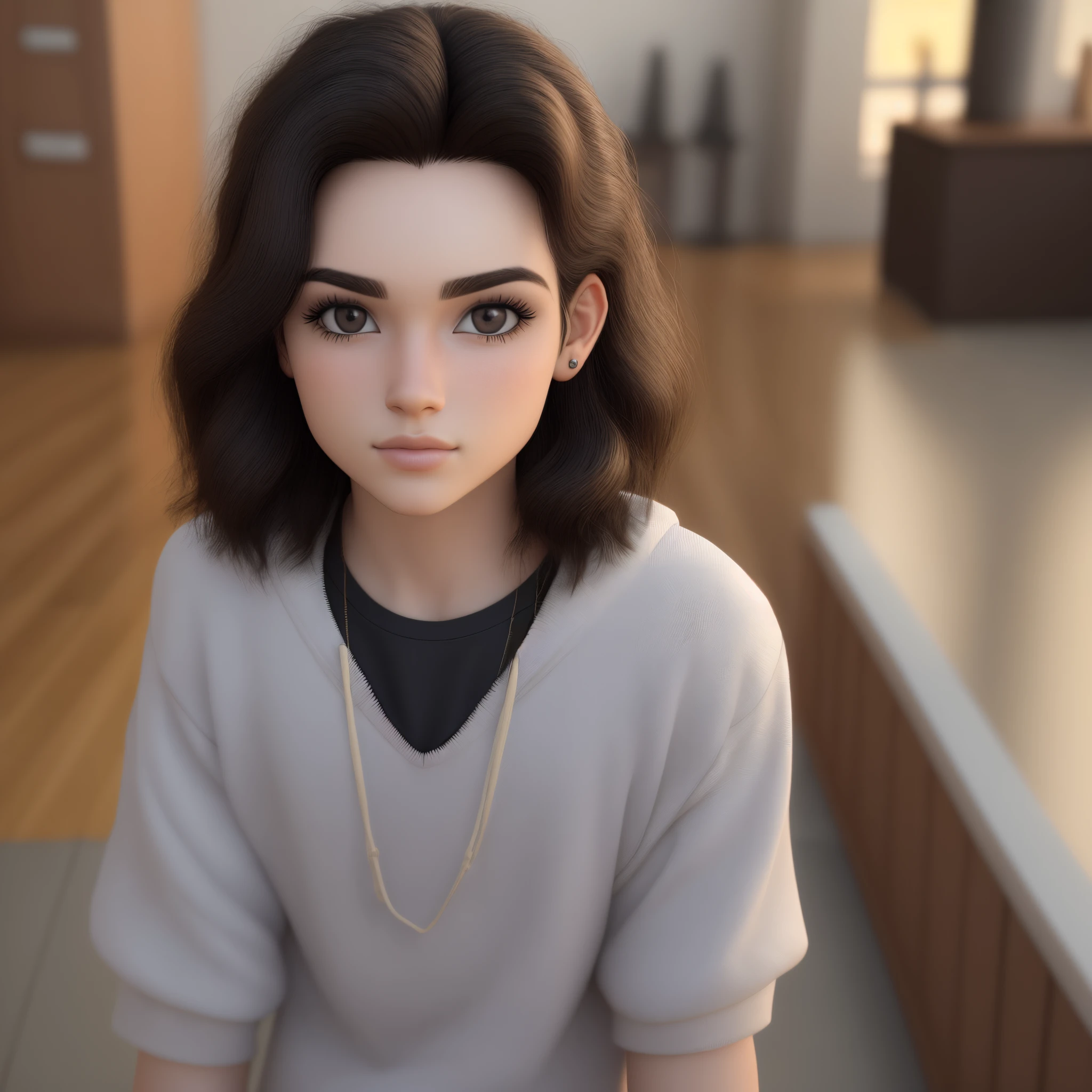 Untitled 3D post Disney inspiration/ pixa de uma jovem de 23 anos ,cabelo longo preto liso, olhos pretos, rosto oval,nariz empinado , orando com Jesus do lado
