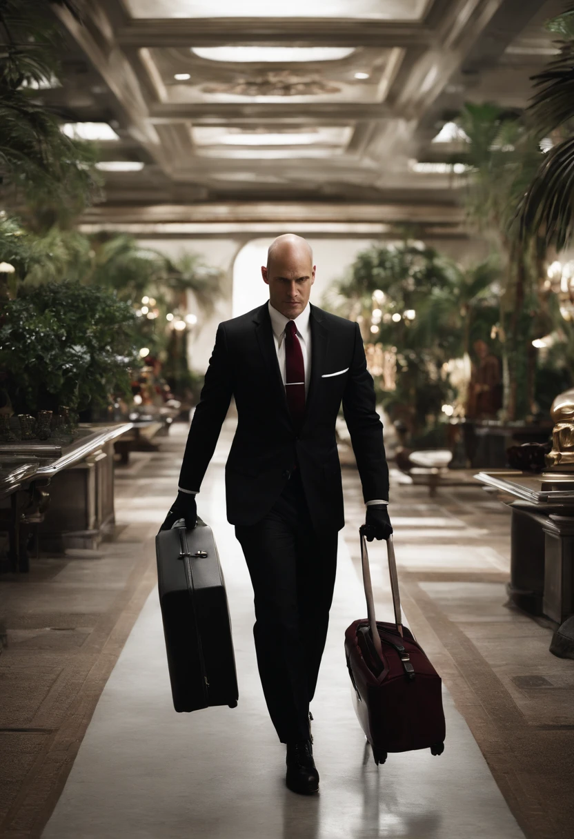 A photo of a laptop with a secure communication software open, showing messages from the handler, Diana Burnwood.,Hitman series,Agent 47 is bald. 47's typical attire consists of a black suit, black leather gloves and shoes, white dress shirt, and a burgundy tie., male