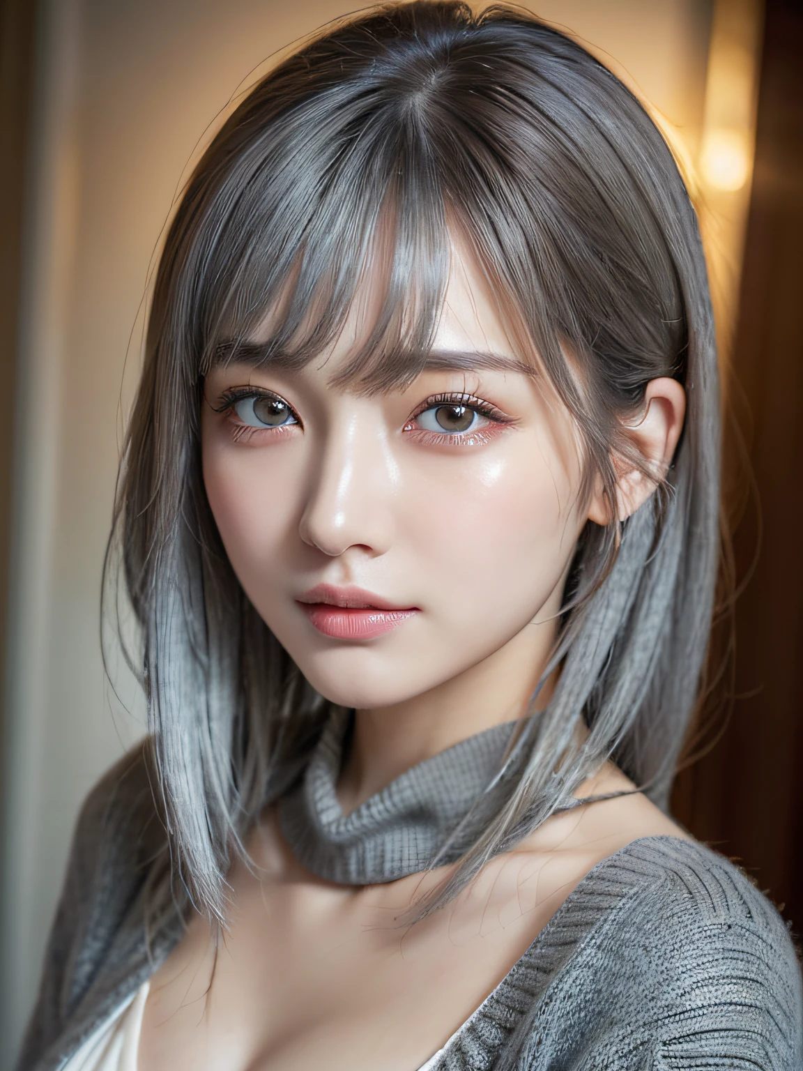 (masuter piece:1.3)、(8K、Photorealsitic、Raw photography、top-quality: 1.4)、(1girl in)、美丽的面容、(Lifelike face)、(Gray hair:1.5)、(Medium Hair)、Beautiful hairstyle、（One eye is hidden by bangs：1.5）、realisticeyes、Beautiful details、（real looking skin）、Beautiful skins、（Black sweater）、absurderes、enticing、Crying、Tears、超A high resolution、A hyper-realistic、high-detail、the golden ratio