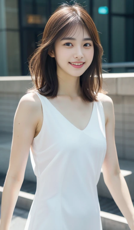 Angel very beautiful cute girl,
Beautiful detailed eyes, Short, short-sleeved white dress,
Delicate double eyelids,
(large eyes:1.3),long eyeslashes,
See-through bangs,
(Beautiful delicate face and eyes:1.4),
a small nose,
small mouth,
Beautiful long hair,
Smiling happily with visible teeth,
(Best Quality:1.2),
Raw foto,
high resolucion,
perfect details,
professional photograph,
Professional Lighting,break (White dress) , Ultra tight fit swimsuit with super reflective surface,walking,Beautiful Legs, Strong lighting on swimsuits,in the city,Brown hair,