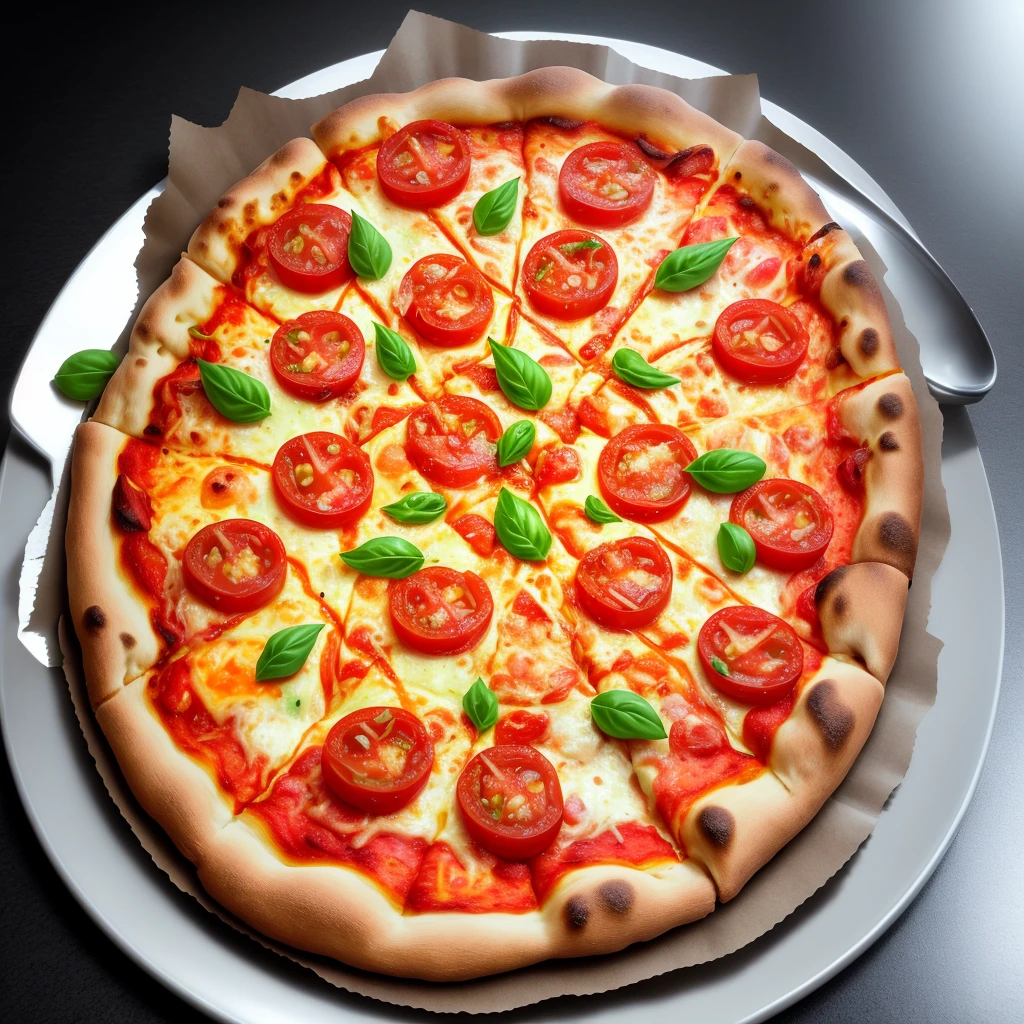 One big, tasty pizza. Lots of filling: processed cheese, tomatoes, meat.