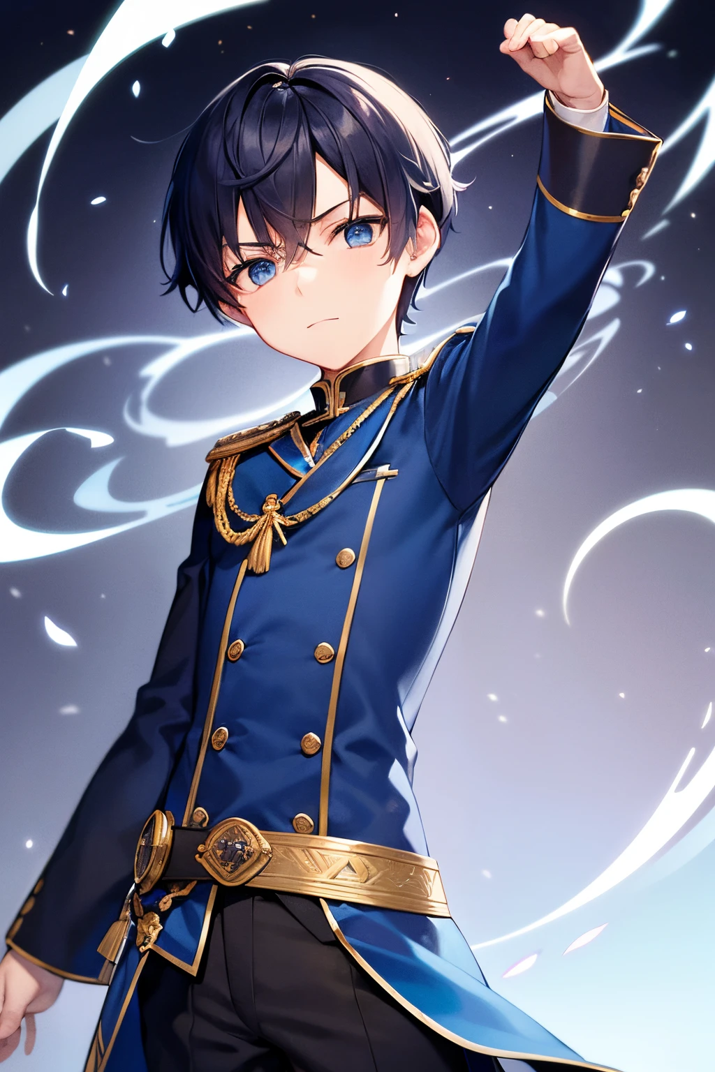 A boy with,dynamicposes,grieves,blue color eyes,Very short hair,Thin stature,saluting,period costume,Swordsman Long Clothes
