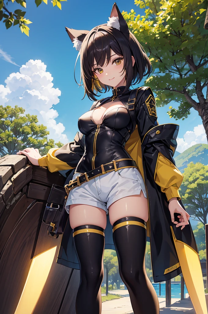 High quality 4k illustration. (1 sexy semi-human anime girl), [sexy cat ears girl], short detailed black hair, bright brown eyes, [light armor], shirt; white with yellow, shorts: yellow, medium breasts. {looking at the viewer with a slight smile, leaning against a tree}.